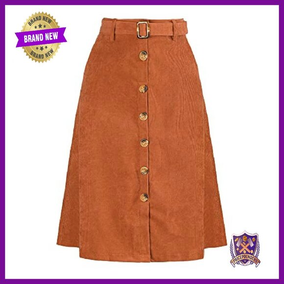 High Waist Corduroy Midi Skirt with Belt, Button Front A-Line - Picture 2 of 8